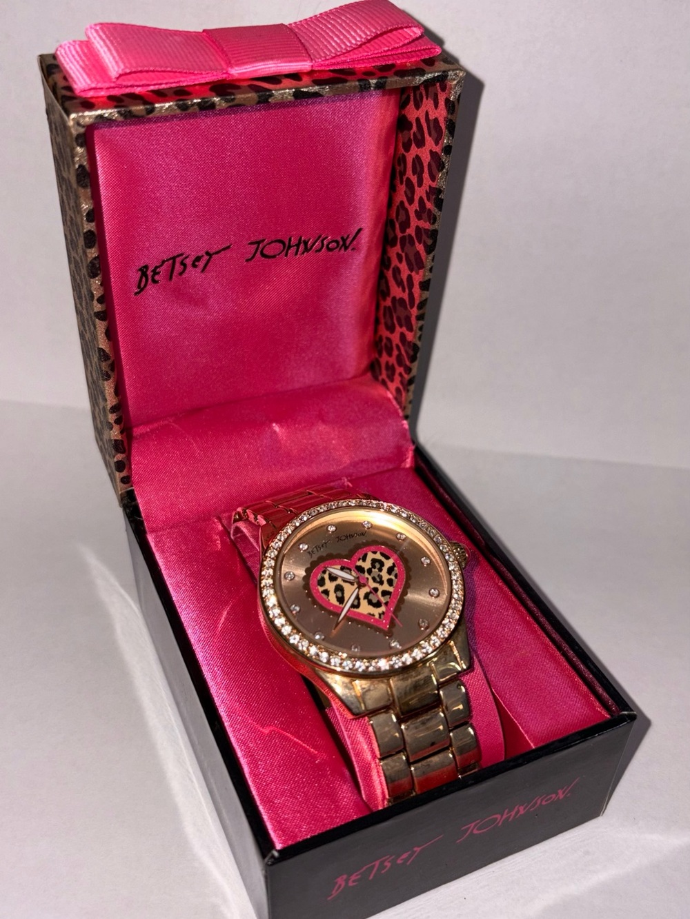 Betsey Johnson Gold Tone Watch with Pink Leopard Heart Dial